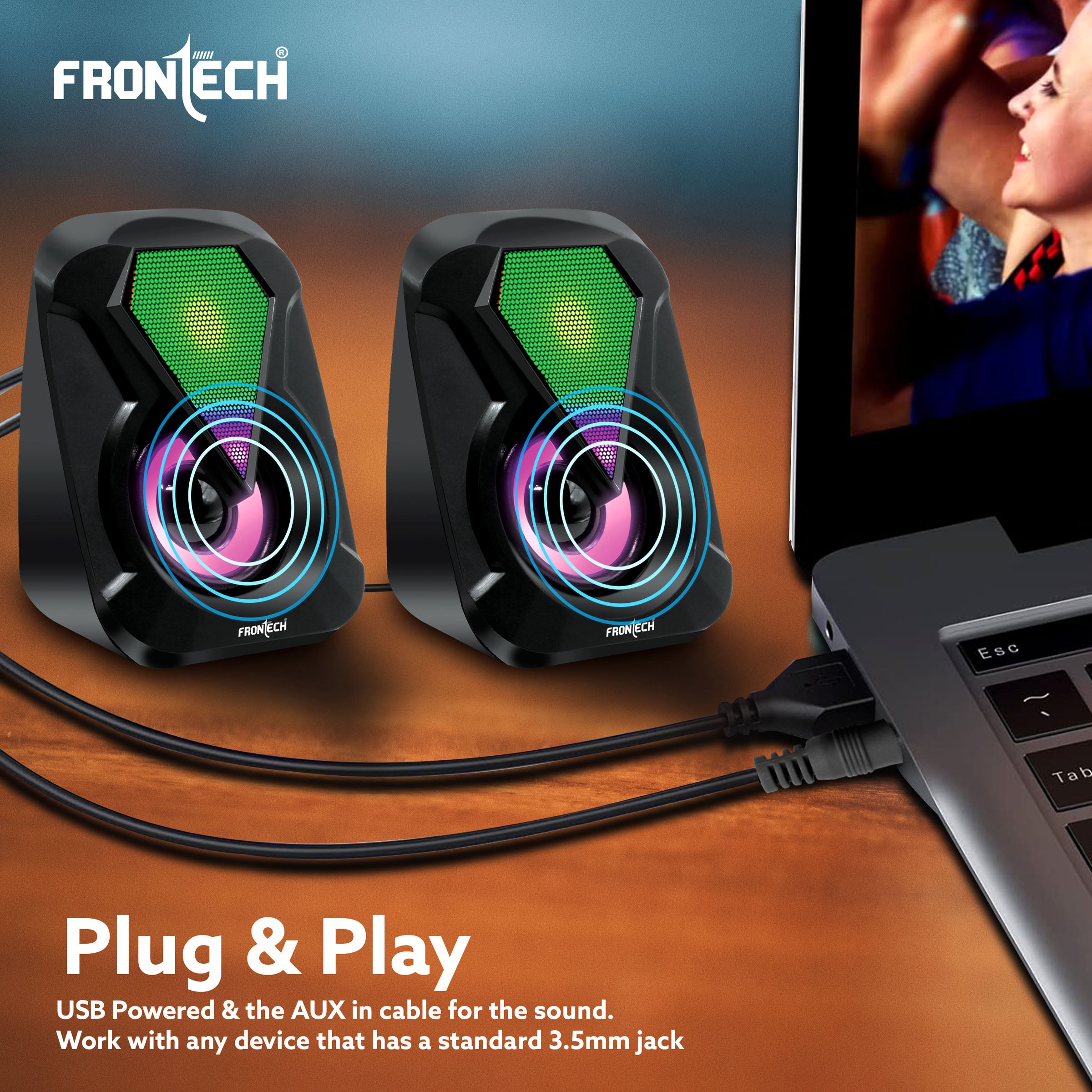 Frontech 2.0 USB Multimedia Speakers | RGB Lights | 2x3W Drivers | AUX Connectivity (SPK-0004) Frontech 2.0 USB Multimedia Speakers | RGB Lights | 2x3W Drivers | AUX Connectivity (SPK-0004)